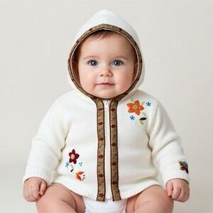 Hooded Zip Up Sweater, Trimmed with Brown Embroidery Ribbon. Infant 6-9 mths